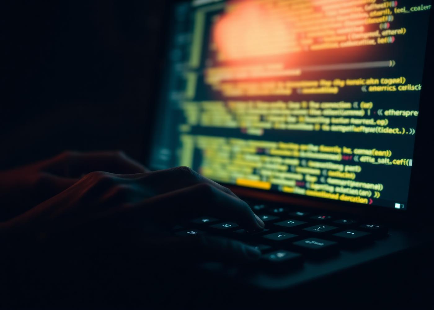 Developer hands at a backlit keyboard with source code on screen