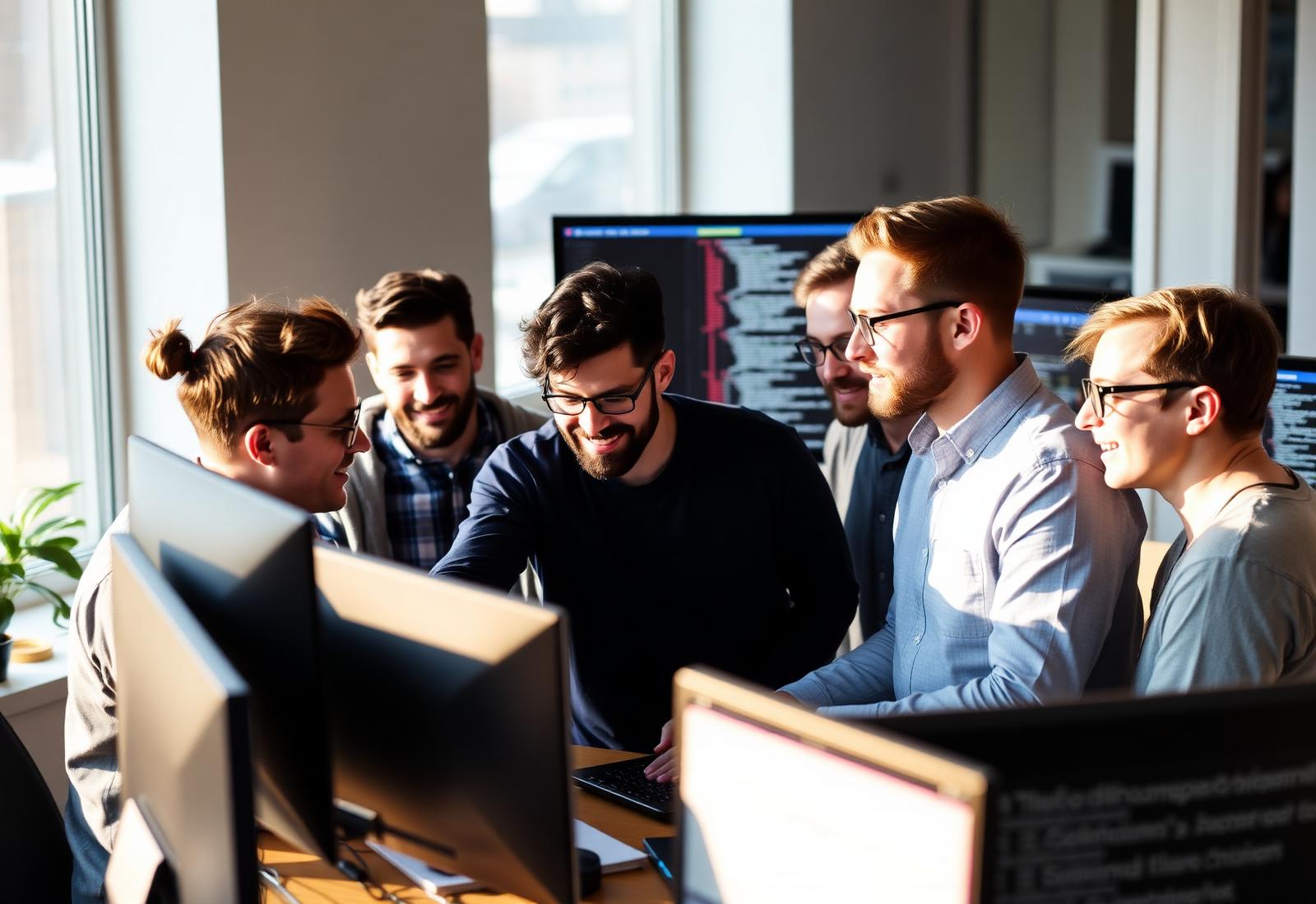 Small team of software engineers collaborating around a workstation in a sunlit office